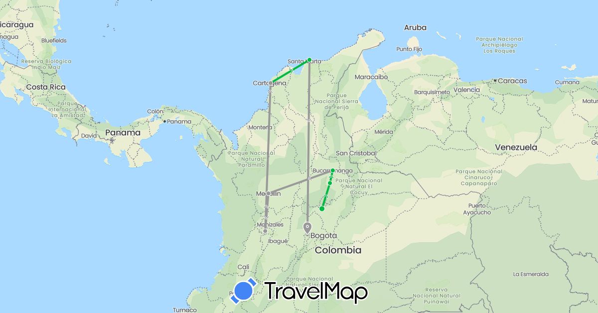TravelMap itinerary: bus, plane in Colombia (South America)